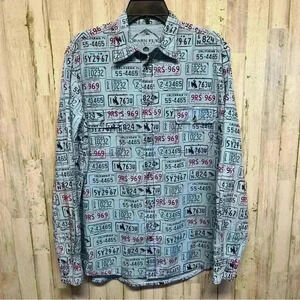 Barn Fly Blue Vintage Western License Plate Print Button Down Shirt - Size L